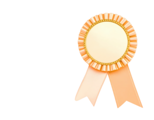 Elegant peach prize ribbon with a ruffled border gold trim and blank cream center.