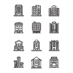 Set of building icons in flat black outline, house, office, bank, school, hotel, shop, university, city, real estate and hospital symbols