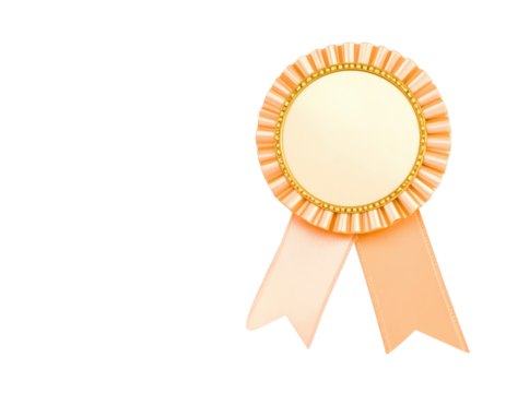 Elegant peach prize ribbon with a ruffled border gold trim and blank cream center.