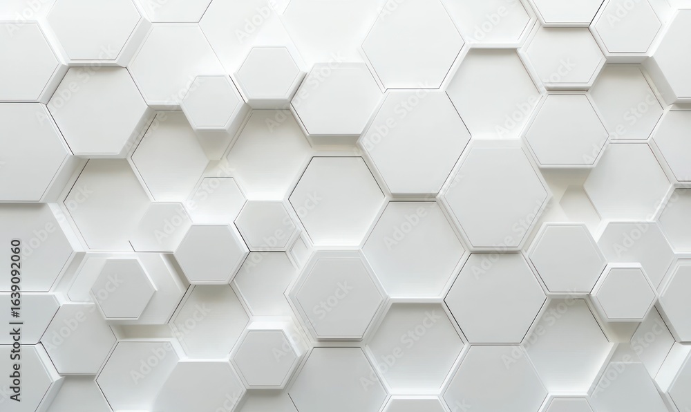 Poster white 3d hexagonal geometric pattern with varying depths creating an abstract modern textured surfac