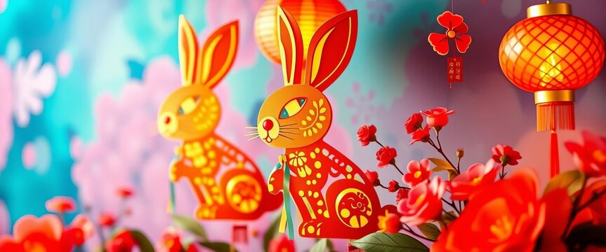 Vibrant gold paper-cut rabbit lanterns & flowers celebrate Chinese New Year on a colorful background,  Year of the Rabbit,  Design - Powered by Adobe