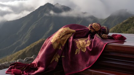Fototapeta premium Silk brocade scarf with peony motifs in red and gold, showcasing cultural richness.