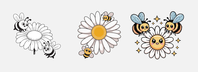  Set of Cute Cartoon Bee and Daisy Flower Illustrations: Adorable Vector Graphics in Color, Black and White Line Art, and Kawaii Styles for Kids' Designs and Stickers.