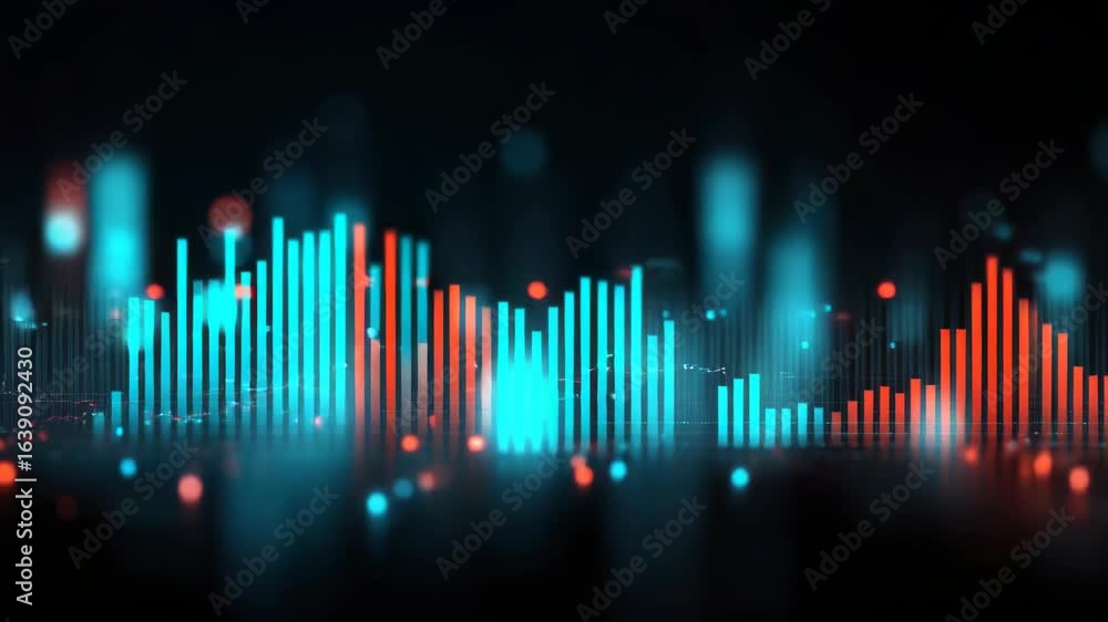Poster dynamic digital sound wave visualization colorful audio frequencies in blue and orange bars create m
