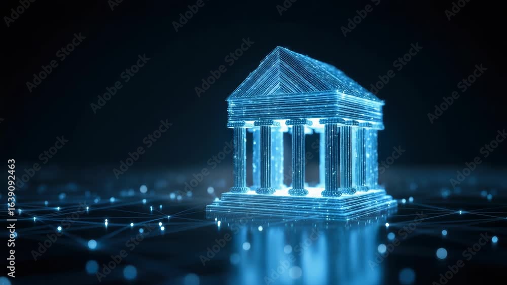 Poster digital architecture glowing blue representation of finance and technology in classical buildings wi