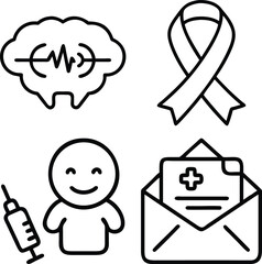 A set of four simple line art icons representing medical concepts: a brain with a heartbeat, a ribbon, a person, and a medical document in an envelope.