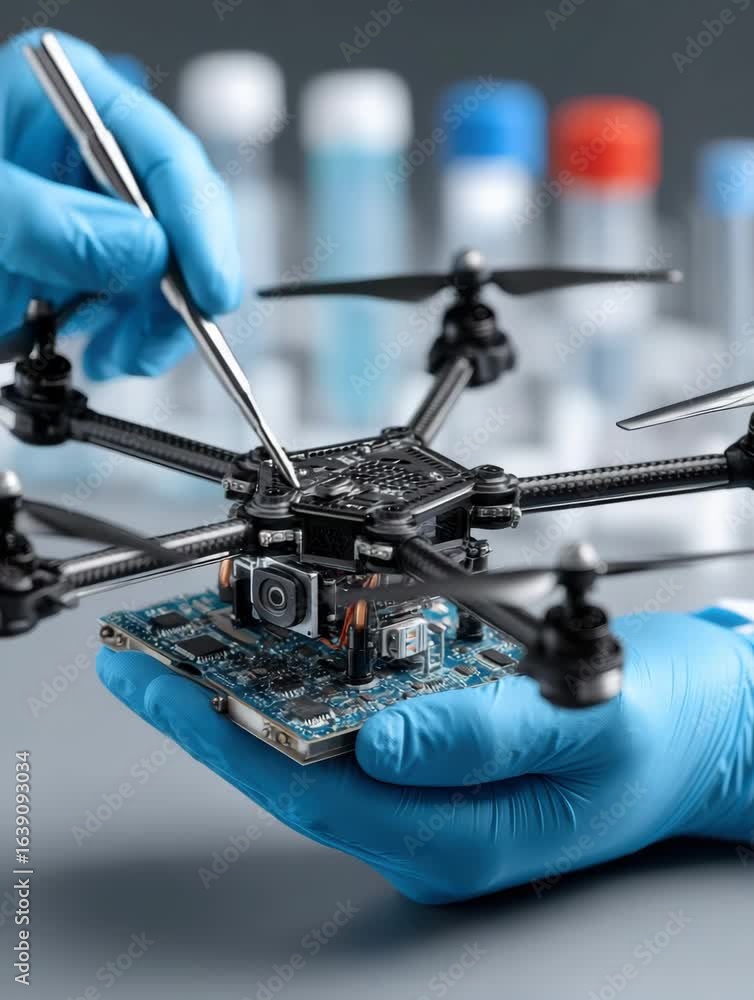 Poster high tech drone assembly laboratory showcases precision tools and intricate components, highlighting