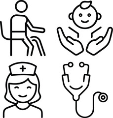 Four simple line art icons depict a person in a wheelchair, a baby in hands, a nurse, and a stethoscope.