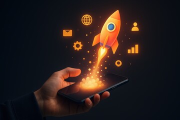 Hand holding a phone with a rocket launching from it, symbolizing innovative technology.