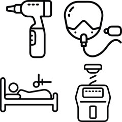 A collection of four simple line-art icons representing medical devices, including an otoscope, an IV bag, a patient in bed, and a monitor.