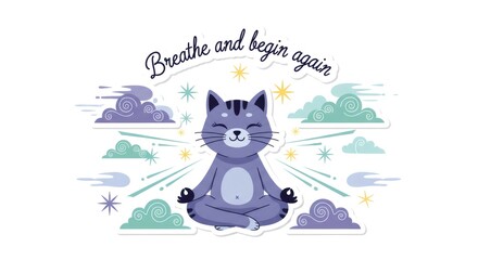 Meditating cat promoting mindfulness and starting again
