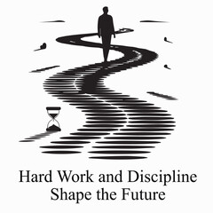 Black and White Motivational Graphic: Hard Work and Discipline Shape the Future, Featuring a Silhouette on a Winding Path with an Hourglass.