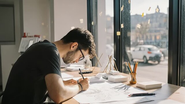 Focused artist sketching intricate designs at sunlit desk in creative workspace