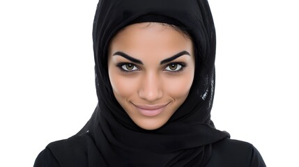 Naklejka premium A poised Middle Eastern businesswoman in an elegant hijab smiles against a clean white backdrop.