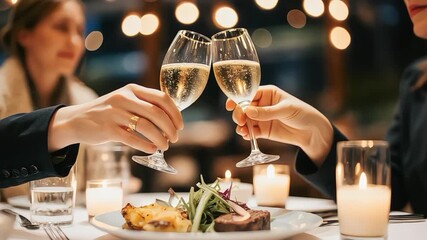 Couple celebrating with champagne at a romantic dinner in a restaurant setting