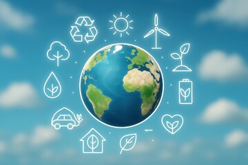 Globe surrounded by environmental icons against a sky background.