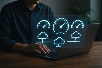 Person using laptop with superimposed interface of speedometers and cloud icons.