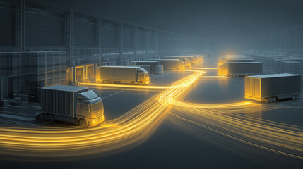 Futuristic autonomous trucks with glowing data trails in smart warehouse