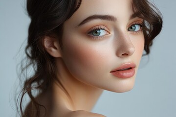 Obraz premium Close-up portrait of a young woman with smooth skin, blue eyes, soft makeup, and loose brown hair looking softly at the camera with a calm, serene expression