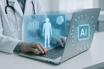 Medical professional using a laptop with artificial intelligence interface.