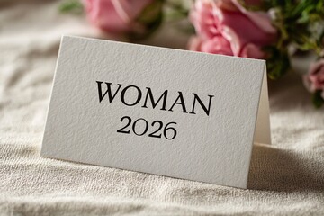 "WOMAN 2026" text on a beautiful neutral background for designers, marketers and IT professionals. Popular business card, illustration, object, symbol, texture, pattern, women, flowers, holiday.