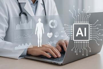 Medical professional using a laptop with projected health data and artificial intelligence.