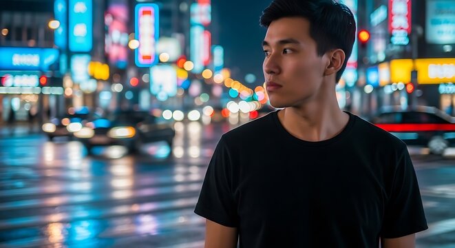 A pensive young Asian man stands on a wet city street at night with vibrant, blurred neon lights.