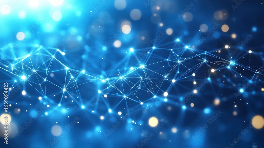 Poster abstract blue digital network with glowing interconnected points and lines against a blurred backgro