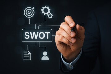 Hand pointing to a SWOT analysis diagram.