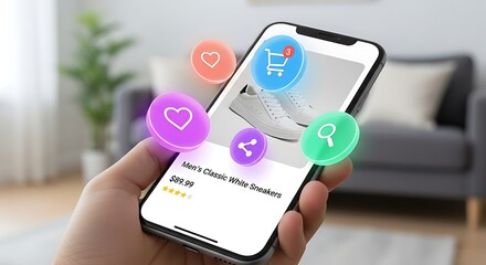 Futuristic Mobile Shopping Experience with Floating 3D E-commerce Icons