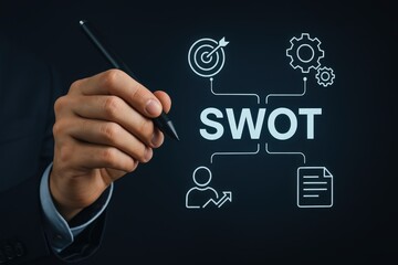 Hand holding pen over a digital display showing a SWOT analysis.