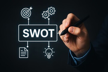 Hand drawing a SWOT analysis diagram on a dark background.