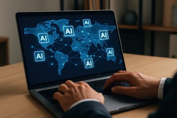 Global artificial intelligence network displayed on a laptop screen.