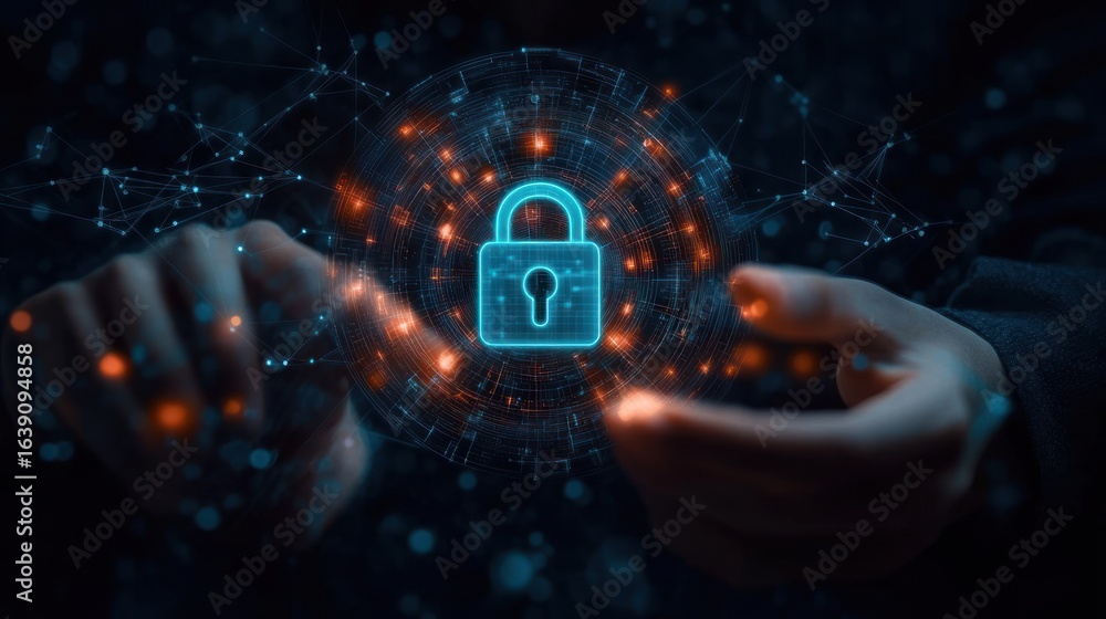 Poster human hands interacting with a glowing digital padlock symbol surrounded by abstract network and dat