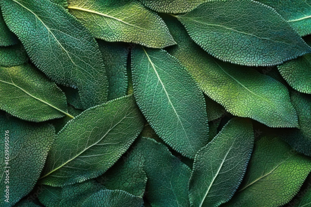 Poster close-up of numerous green leaves with visible veins and textured surfaces creating a dense natural 