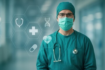 Medical professional in teal scrubs, focused on health care.