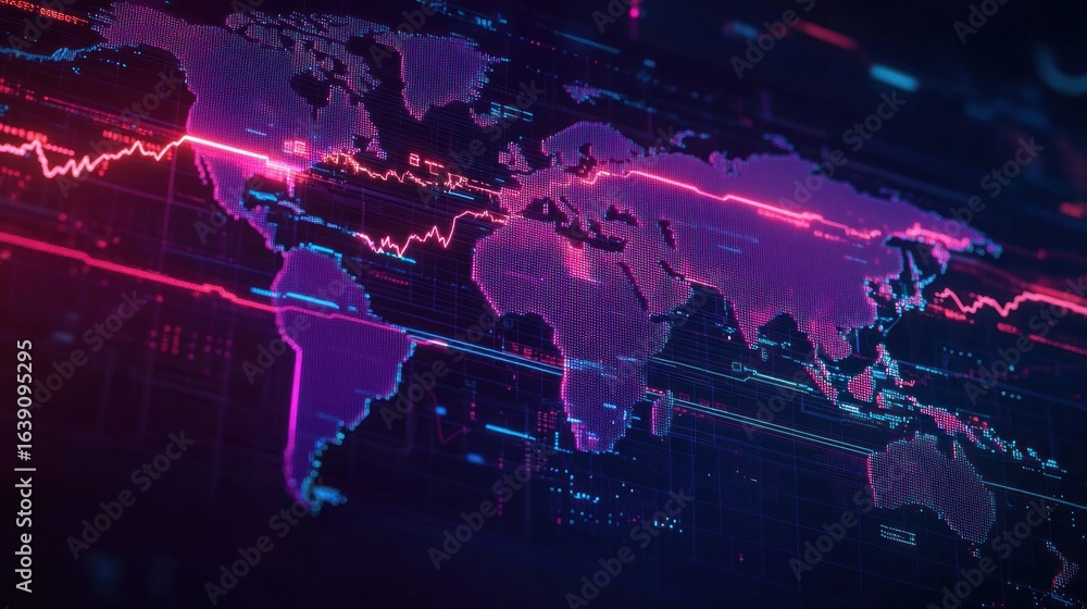 Poster digital world map with glowing neon purple and pink data lines representing global data flow and con