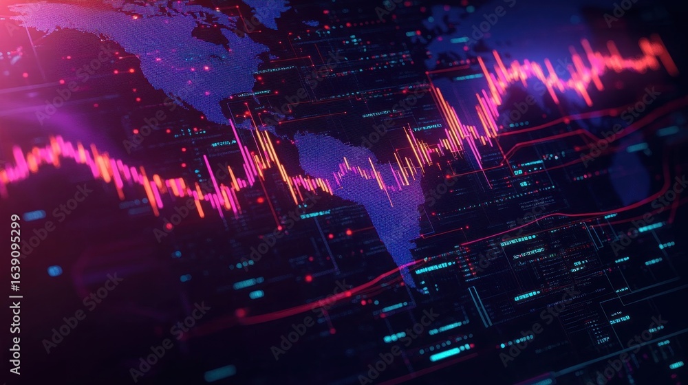 Fototapete digital world map overlaid with glowing fluctuating line graphs and data points representing financi