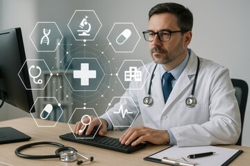 A medical professional using a computer with health-related icons overlayed.