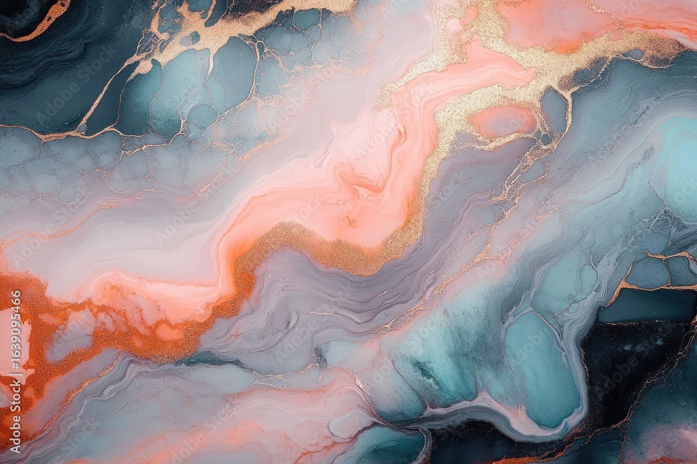 Poster abstract marbled texture with flowing coral, teal, gray, and golden veins creating a dynamic organic