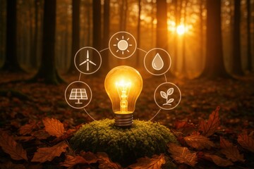 Illuminated lightbulb surrounded by renewable energy icons in a forest setting.