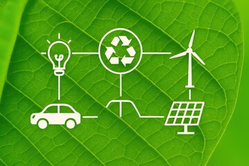Eco-friendly transportation and energy solutions depicted on a leaf.