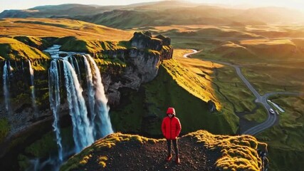 Adventurer standing on cliff beside majestic cascading mountain waterfall