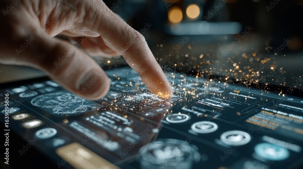 Poster Hand touching futuristic touchscreen interface generating golden particles effect