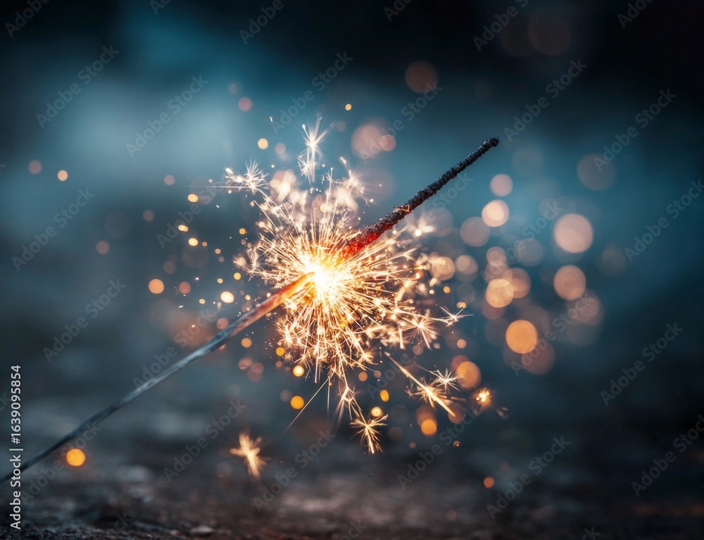 Poster bright burning sparkler illuminating dark background with bokeh effect