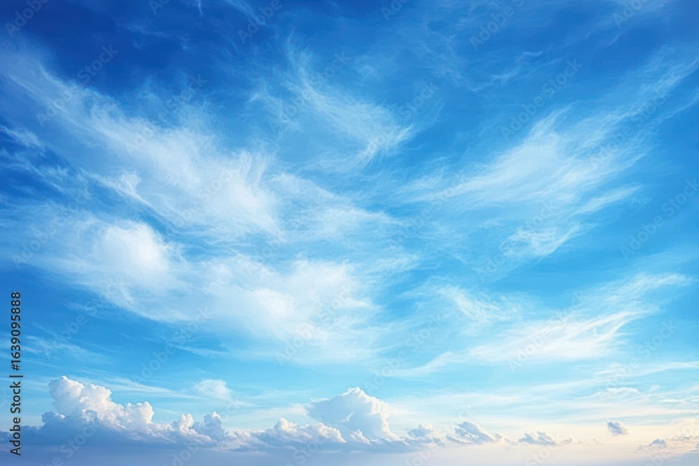 Poster expansive blue sky with wispy white clouds and soft horizon lighting creating a peaceful and serene 