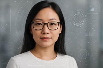 Close-up portrait of a woman wearing glasses with digital graphic overlay.