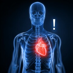 Medical illustration in X-ray style of a standing human skeleton in blue tones, person at risk of heart attack, skeleton inside with white exclamation mark