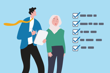 Checklist task accomplishment, approval digital document, list planning, completion or productivity task finish or job done checklist, businessman tick checkbox as completed on digital tablet