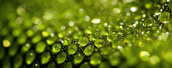 Close-up view of dewdrops on vibrant green plant leaves in early morning sunlight reflecting natural beauty